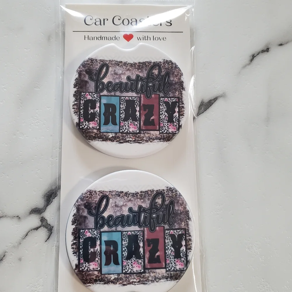 beautiful CRAZY Set Of 2 Ceramic Car Coasters